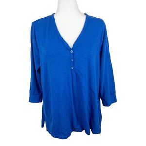 Chico's Shirt Women Extra Large Blue 3/4 Sleeve Henley Cotton Modal Solid Tee